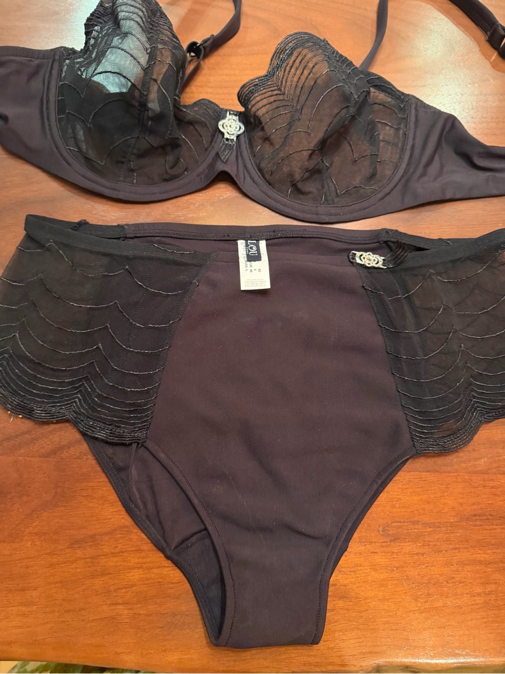 Lou French 34D. Sheer Lace-Panel Underwire Bra & High-Cut Brief Set - Black